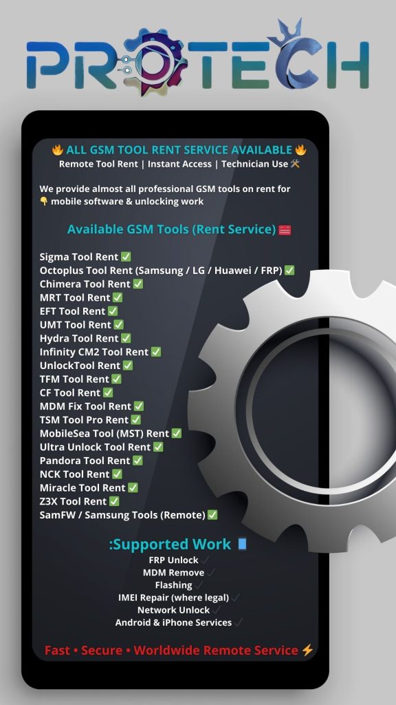 🔥 ALL GSM TOOL RENT SERVICE AVAILABLE 🔥 🛠️ Remote Tool Rent Instant Access Technician Use We provide almost all professional GSM tools on rent for mobile software unlocking work 👇 🧰 Avail 1